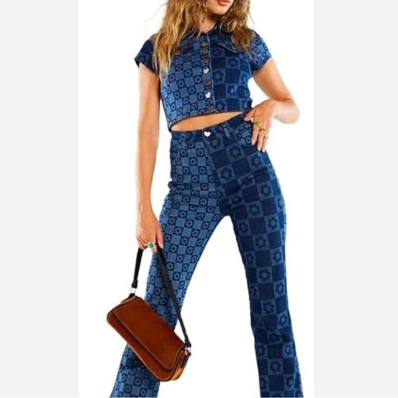 JADED LONDON 2 PC Denim Set ~ High Waist Flared Leg Jeans, Matching Cropped Top - Picture 6 of 6